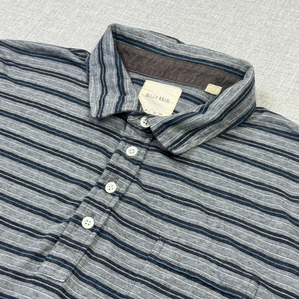 Billy Reid Polo Shirt Mens Large Gray Striped Short Sleeve Cotton Polyester